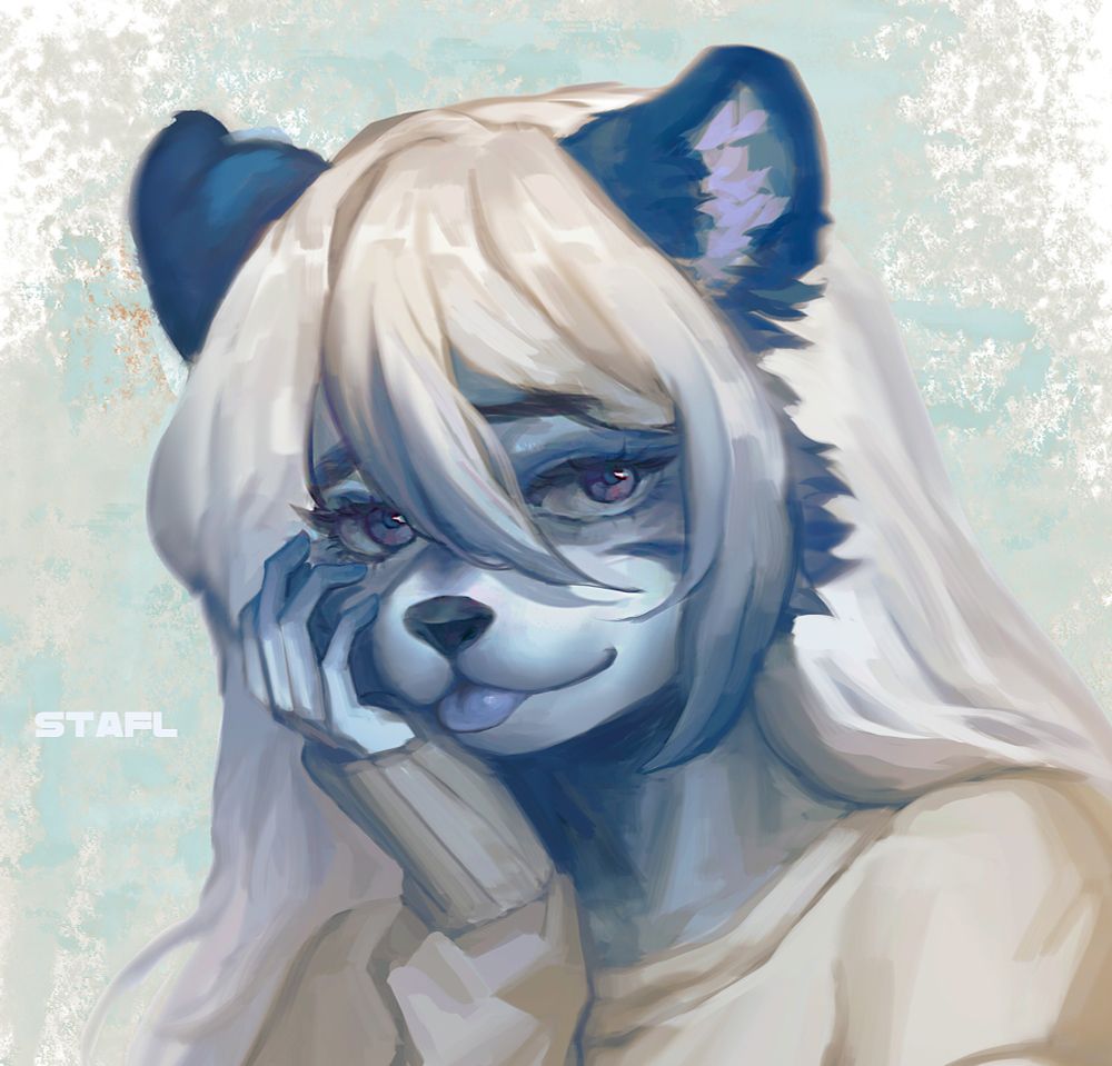 The image shows a beautifully painted furry character resembling a tiger with blue-gray fur and long white hair. The character's expression is calm and contemplative, with a soft smile and purple eyes. They are wearing a loose, cozy sweater and resting their head on one hand. The background is textured with soft, muted colors, adding an artistic, dreamy atmosphere. The overall tone is serene and gentle.