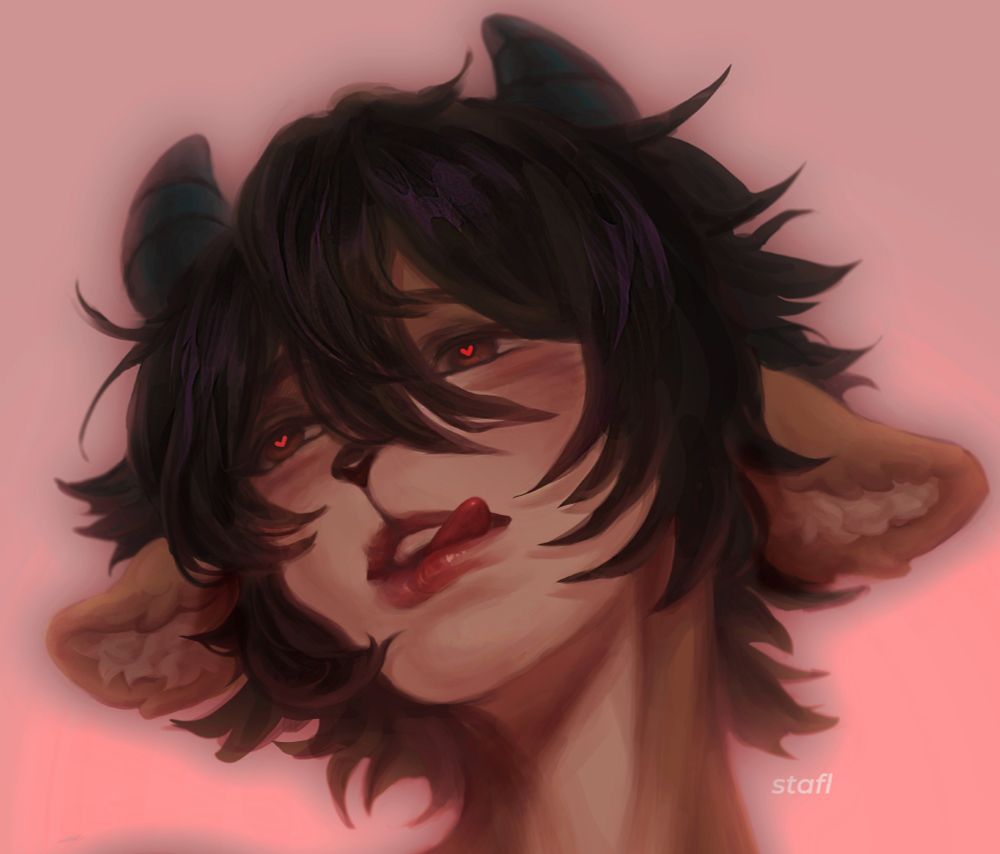 This image features a highly detailed digital painting of an anthropomorphic goat character, depicted in a portrait style with a soft, dreamy atmosphere. The background is a gradient of warm pink hues that gently fade into a lighter tone, emphasizing the subject's presence.

The character has distinct goat-like features, including prominent, slightly curved blue-gray horns and large, fluffy ears with a soft beige inner texture. Her skin tone is pale with warm undertones, and her facial structure is delicate, blending both human and animal characteristics seamlessly. Her short, shaggy black hair falls in uneven strands, partially covering her piercing red eyes, which glow subtly, drawing immediate attention. Her expression is relaxed yet alluring, with slightly parted lips revealing a hint of her teeth, contributing to a mysterious and sultry aura.

The character wears a plain black shirt with a wide neckline, which frames her long, slender neck and accentuates the graceful curve of her shoulders. The lighting is soft and diffused, with a warm glow illuminating her face and upper body, creating gentle highlights on her skin and hair. Shadows add depth and dimension, particularly around her neck and collarbone.

The artwork is signed discreetly in the bottom corner, blending harmoniously with the composition. The overall style combines realism with subtle painterly textures, making the portrait both striking and emotive.