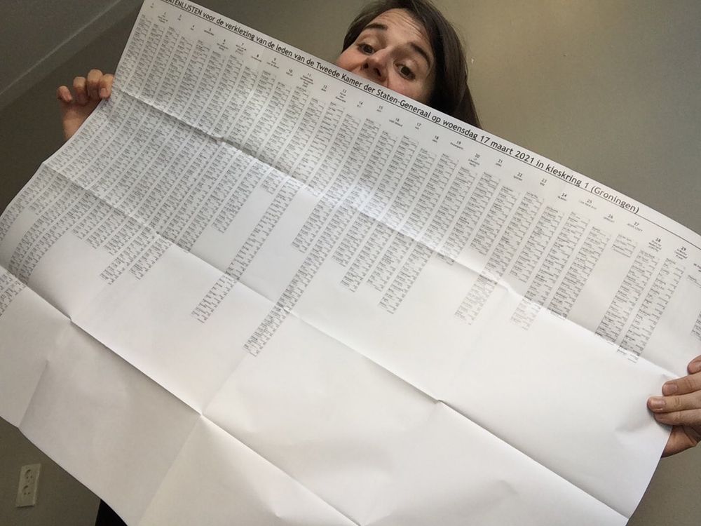 A woman holding a Dutch ballot paper in front of her. She needs to spread her arms completely to unfold it and it covers her completely. She peeks over the top edge.