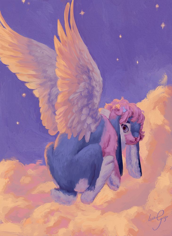 English: Digital illustration of a blue and pink bunny, with wings, back view, flying over clouds, sunlight coming from the left side, with stars shining on the background. The overall composition is purple.

Português: Ilustração digital de um coelho azul e rosa, com asas, visão de trás, voando sobre nuvens, luz do sol vindo do lado esquerdo, com estrelas brilhando no fundo. A composição geral é roxa.