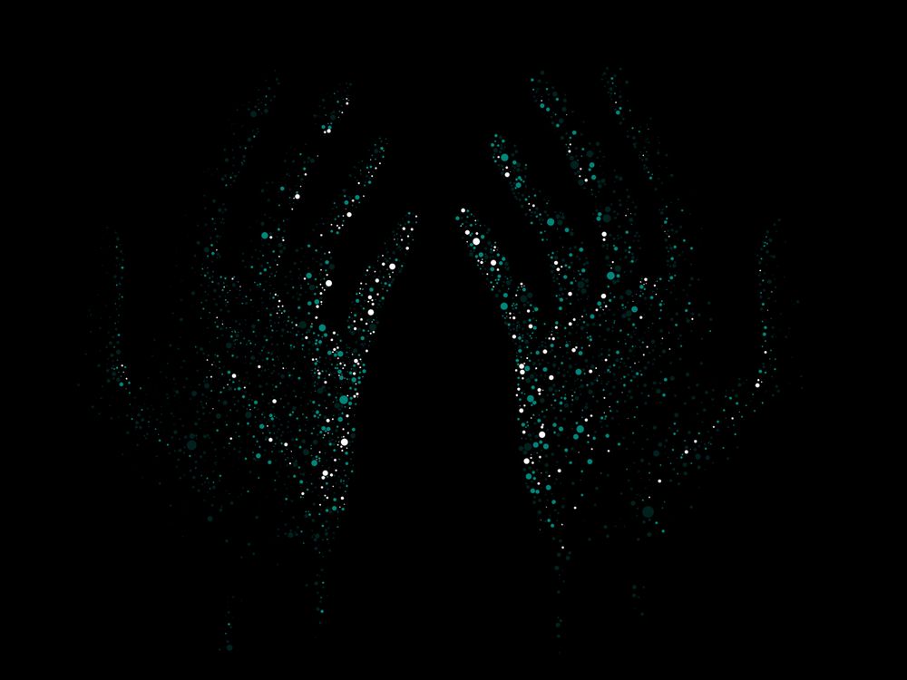 pointillist art of two open hands in bright greenish colors on a dark background