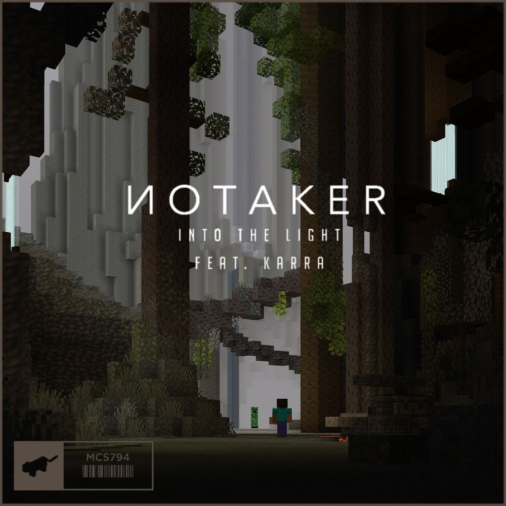 Into The Light, remade in Minecraft. A dark scene with tall trees, a distant cliff and cave, and Minecraft Steve in the foreground, looking at a particularly alluring creeper before him