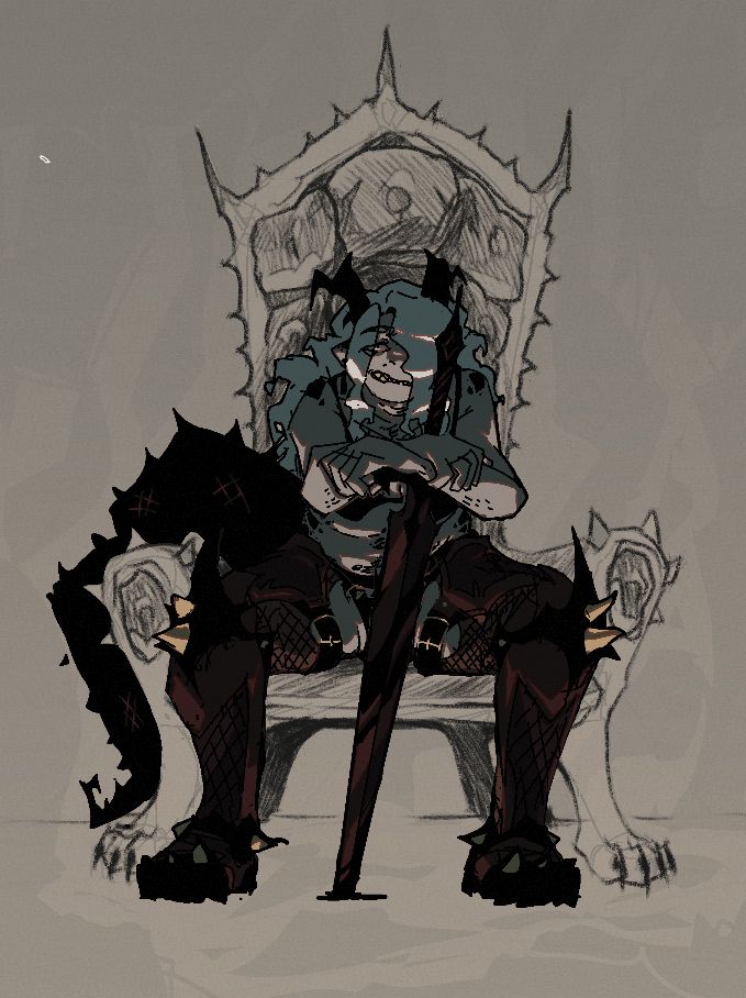 the background sketch now mostly taken away, the chair is now rendered in round pencils and more detail before painting, the knight in the picture casts a long horned shadow on the back of the seat