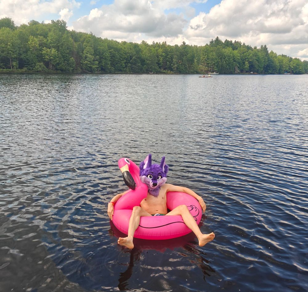 Relaxing on a lake in an inner tube, trees in the background 