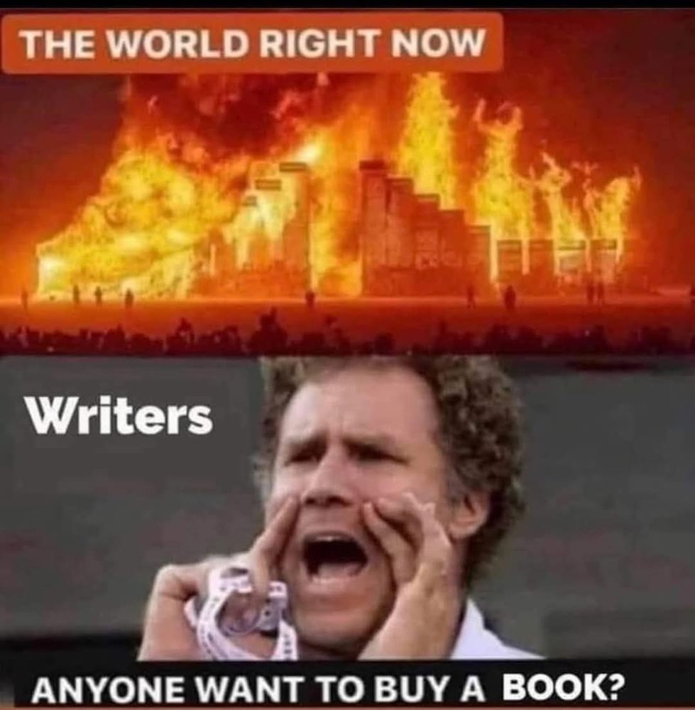 Meme showing a city on fire in the top half with the caption: The world right now. Beneath it actor Will Ferrell is shouting with the caption: Writers: Anyone want to buy a book? 