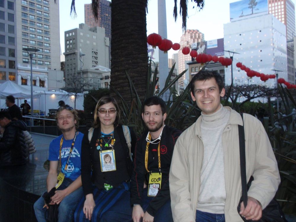 Me and my friends sitting at Union Square, San Francisco, in 2015. From left to right - my longtime local friend, Matt Moran, Molly Carrol, Myself, and Olexiy Izvalov.