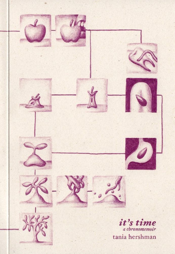 A picture of the cover of my book, which says "it's time: a chronomemoir" "tania hershman" in the bottom right corner. The background is cream coloured and there is what looks like a flow chart with images of apples, teeth, seeds and seeds growing and a tree.