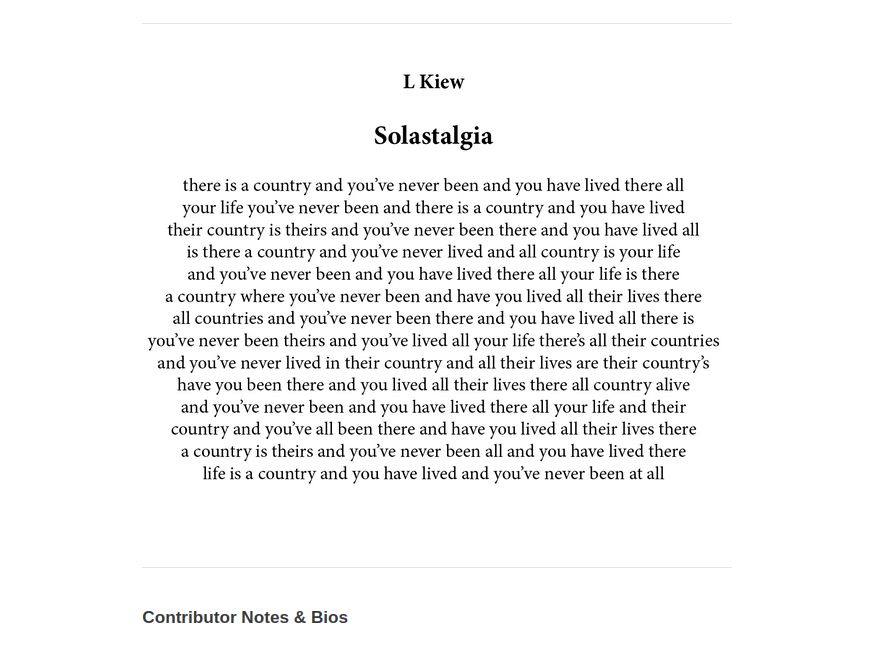 A screenshot of a piece by L. Kiew published in Perverse lit mag. The title is Sostalgia and the first line is: "there is a country and you've never been and you have lived there all your life..."