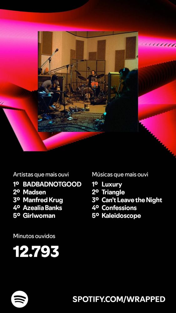 Imagem do spotify wrapped com as seguintes informações:

Artistas que mais ouvi

1. BADBADNOTGOOD
2. Madsen
3. Manfred Krug
4. Azealia Banks
5. Girlwoman

Músicas que mais ouvi

1. Luxury
2. Triangle
3. Can't Leave the Night
4. Confessions
5. Kaleidoscope

Minutos ouvidos

12793