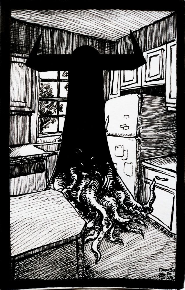 An ink drawing of a silhouetted creature standing in a kitchen. Tentacles act as it's legs and two large horns extrude from its head