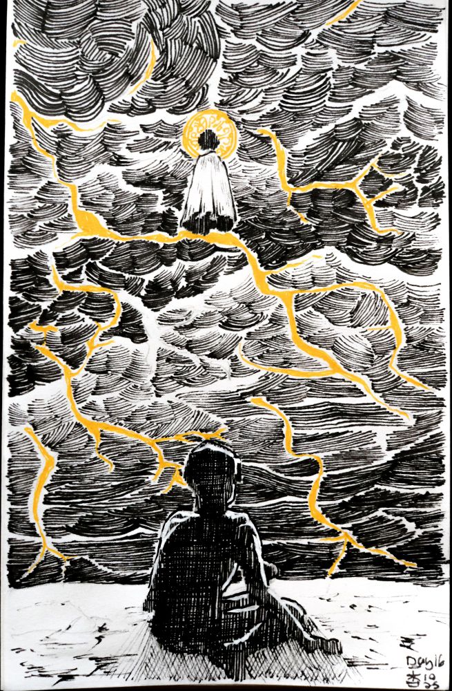 An ink drawing of a spellcaster standing on lightning, looking down at an injured enemy