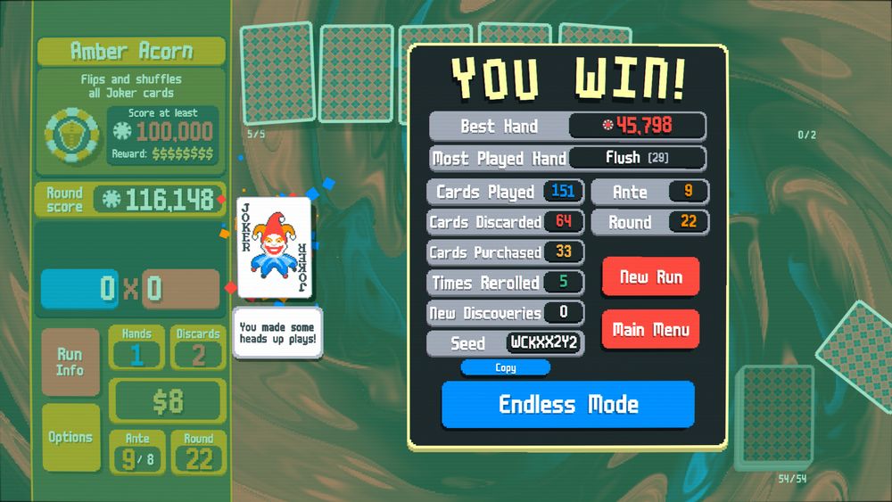 balatro win screen. 29 flushes. 