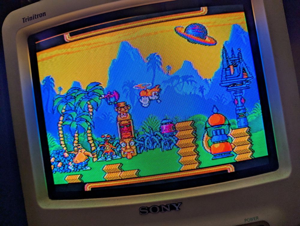 A photo of Sega's Wacky Worlds on a little Sony CRT.