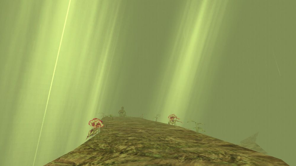 Massive branches stretch into pale green fog. Flowers an a lone figure are bathed in moonbeams.