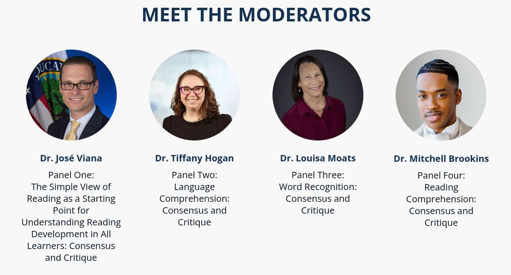 Pictured:  The Reading League Summit 2025 moderators Dr. Jose Viana, Dr. Tiffany Hogan, Dr. Louisa Moats, and Dr. Mitchell Brookins