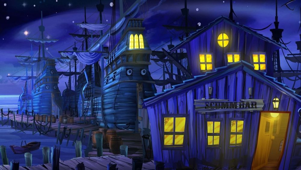 From monkey island, the scumm bar. A small wooden pub on a pier, blue hued with orange glowing windows 