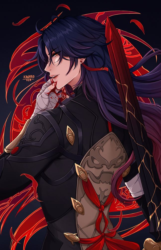 Blade from Star Rail with blood on his hands and sword in hand