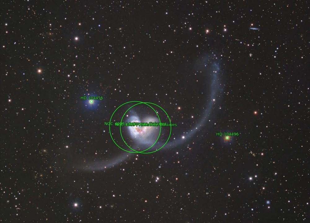 Astrometry:
RA: 180.44 °
Dec: -18.90 °
Resolution: 1.43 arcsec/pix
Objects: Antennae Galaxies, NGC 4038, NGC 4039