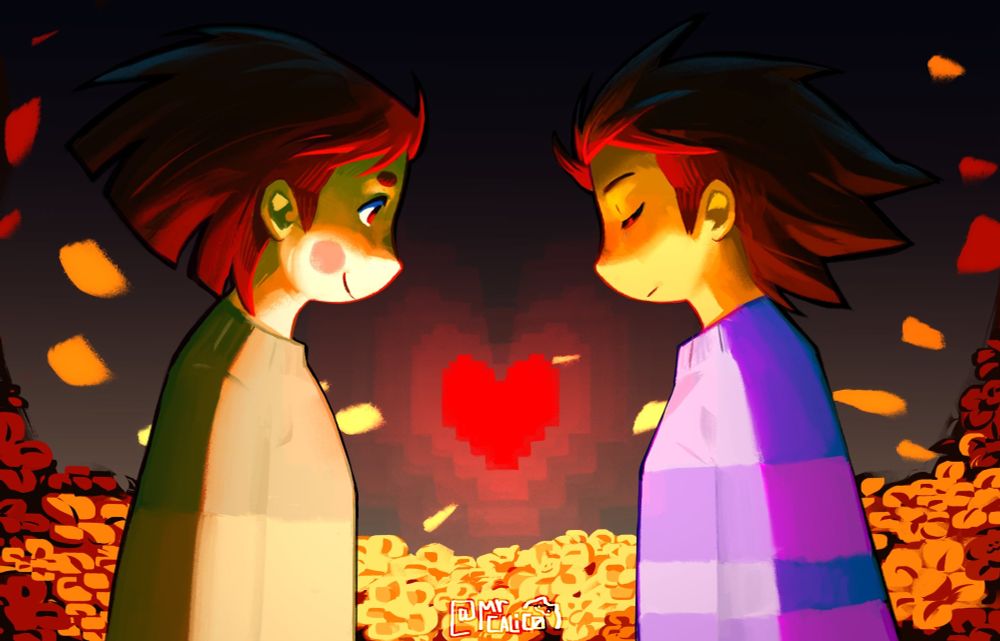 An illustration of the video game Undertale for its 10th anniversary, this one shows us Frisk and Chara with hearts shining brightly around them, surrounded by a bed of golden flower petals.