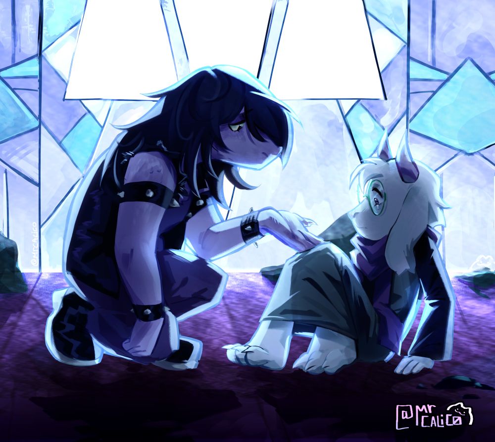 Illustration drawing that scene in chapter 4 of deltarune when Susie complains to Ralsei. Susie offers her hand gently to Ralsei, who is clearly confused by such a show of kindness.