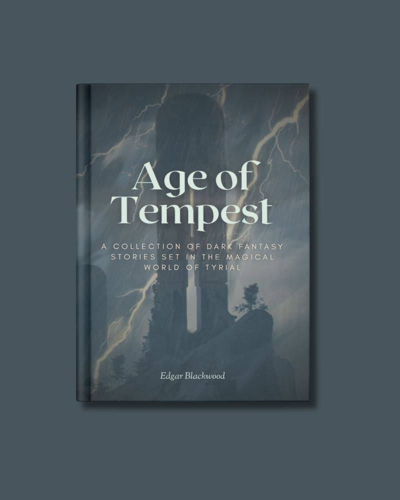 Mockup of a book with title "Age of Tempest" over greyish-green background