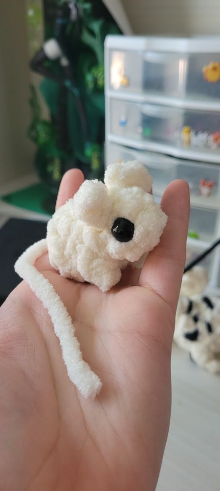 a tiny white crochet mouse being presented