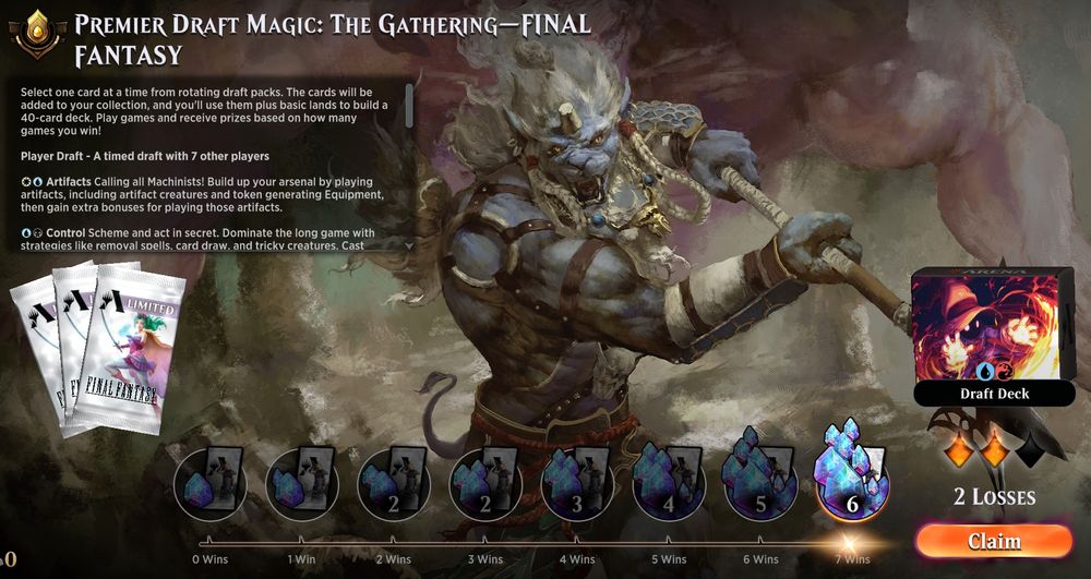 A record of 7-2 in Premier Draft Final Fantasy on Magic: the Gathering Arena.
