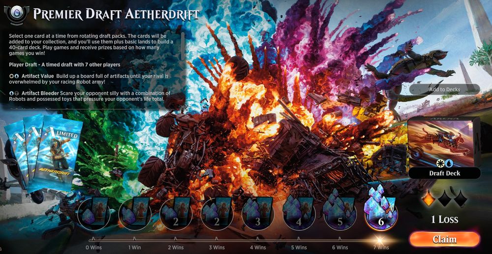 MTG Arena Premier Draft Aetherdrift screen event showing 7 wins and 1 loss. I am currently ranked Silver Tier 4.