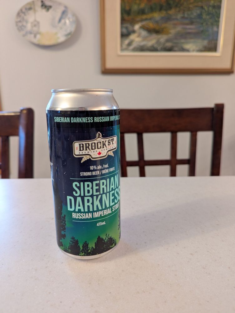A can of "Siberian Darkness" beer from Brock St Brewing. It's a Russian Imperial Stout with 10% ABV.