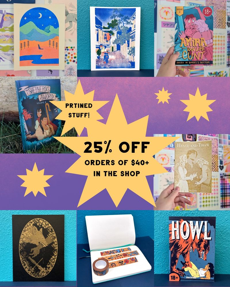 Image featuring risograph prints, pritned comics, and washi tape. Text reads 25% off orders of $40 or more in the shop