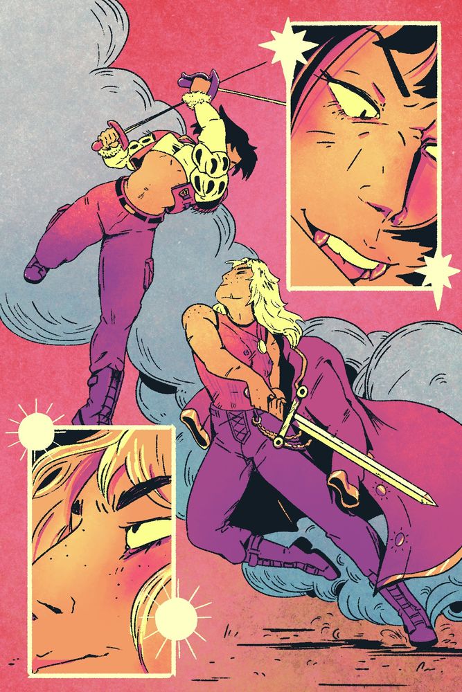Illustration. Two women with swords charge each other with a plume of dust or smoke behind them. They are both smiling with determination. The colors are in pinks and yellows.