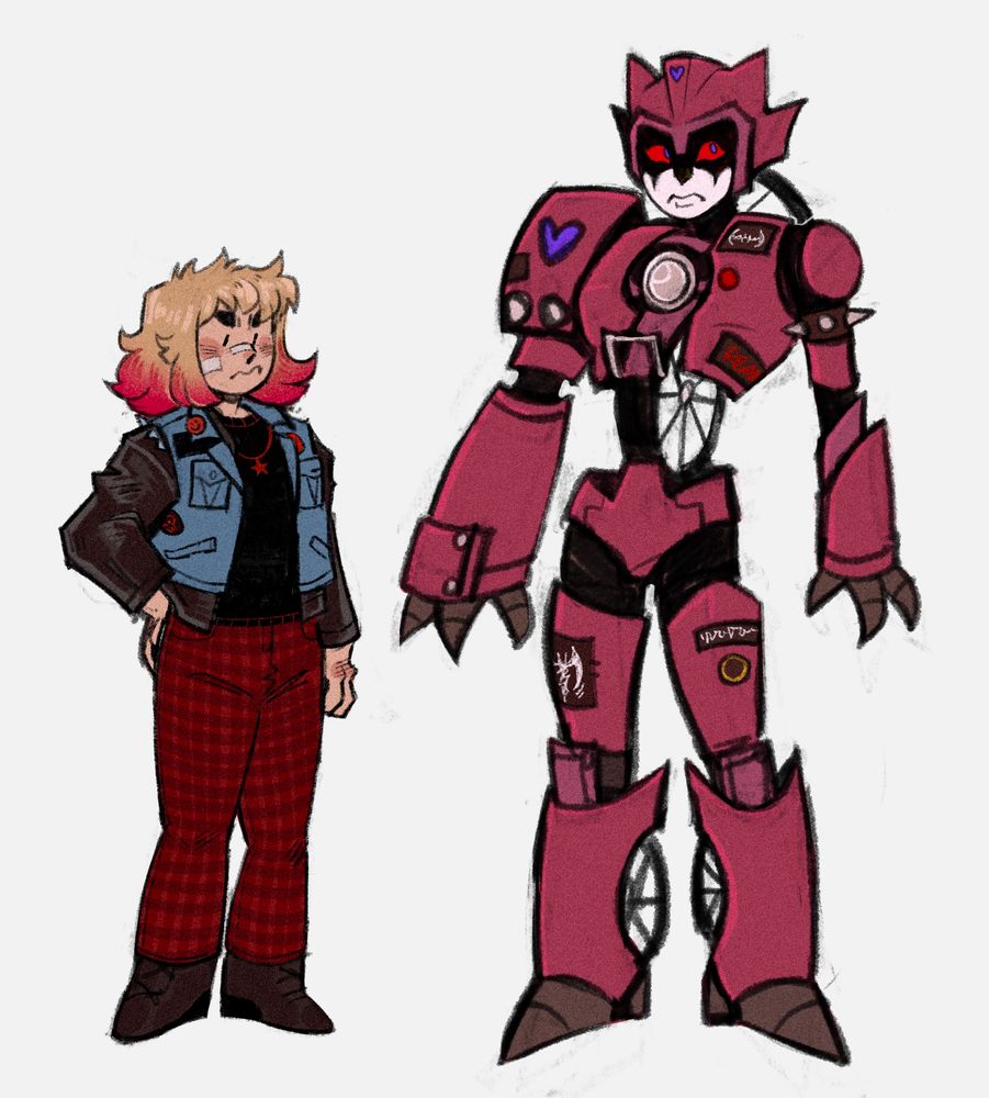 character designs of a punk human and a pink decepticon. 