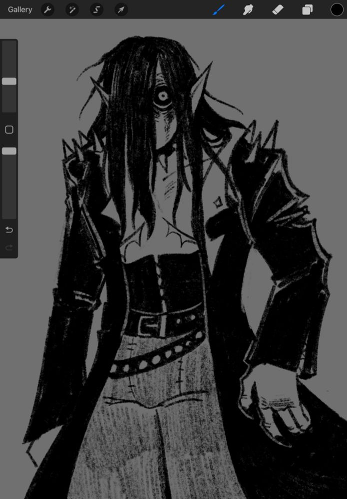 Black and White sketch of a pointy-eared individual with long black hair that covers his face, a black coat with spikes on the shoulders and a corset. He has visible top surgery scars and a spiked collar