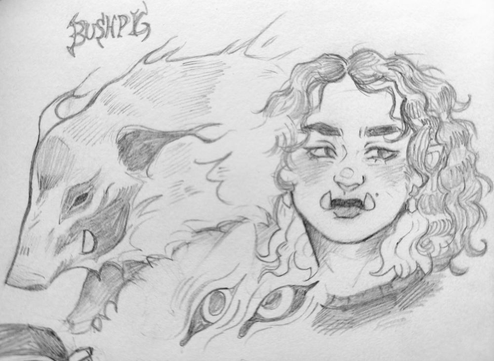 a sketch of a red river hog next to a sketch of myself with tusks