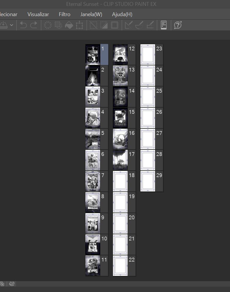 Miniaturas de paginas de um manga desenhadas no Clip Studio paint. 17 paginas desenhadas de 30. 