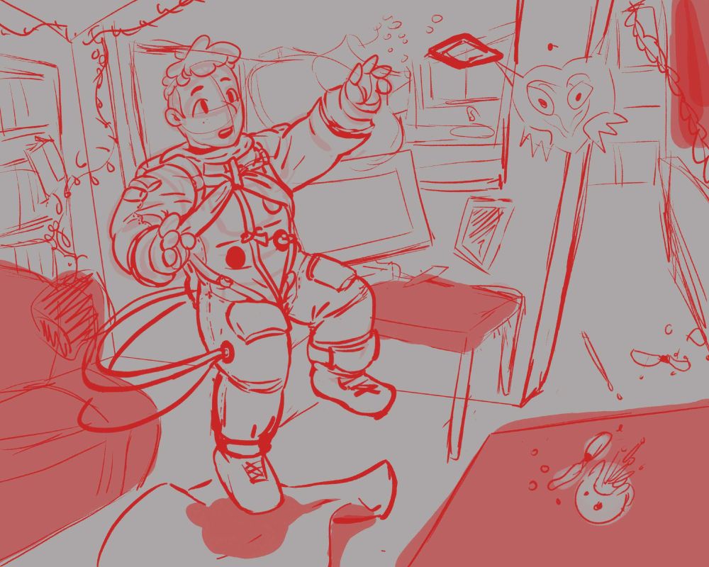 Sketch of the worried astronaut piece. The sketch is blocked in roughly in red, and a couple items are different here than in the final sketch. A replica Majora's Mask falls off its hook on the wall, a cup shaped like Pikachu full of paint brushes floats amidst spilling, floating paint, and there is no yarn and crochet hook in the foreground. The desk is also shorter and the computer monitor is tucked behind the astronaut more than in the final piece.
