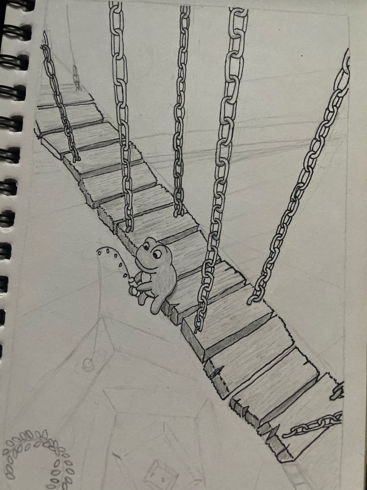 A tiny frog going fishing off the edge of an old wooden bridge being held up by chains