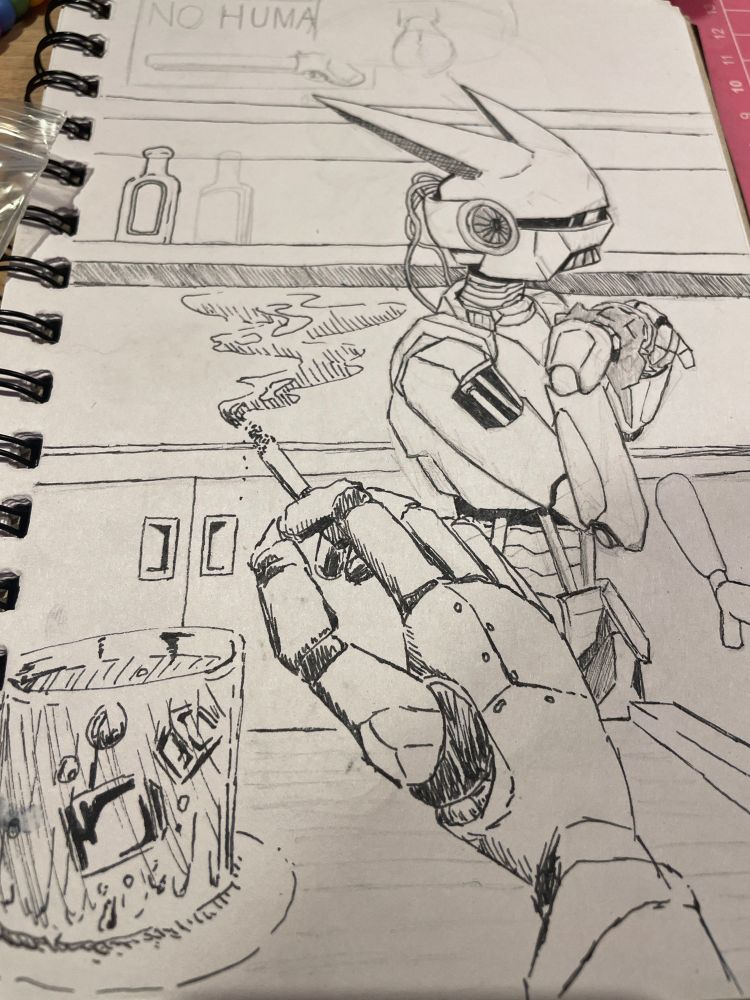 A metal hand holds a smoldering cigarette, ashes falling besides a glass of icy liquor. A robotic barkeep with large spiky protrusions from its metal head stands and cleans a glass.