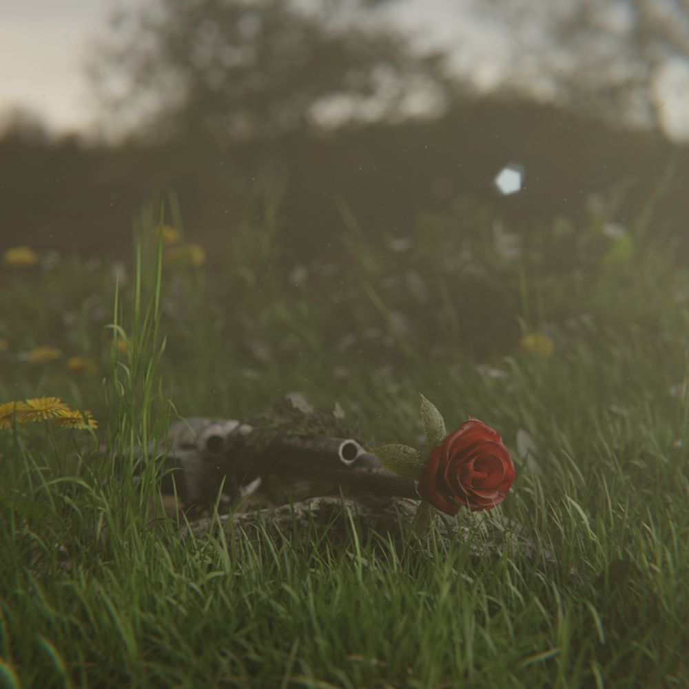 An old rusted revolver resting in a patch of grass, the air is filled with dust and haze, a red rose grows out of the barrel