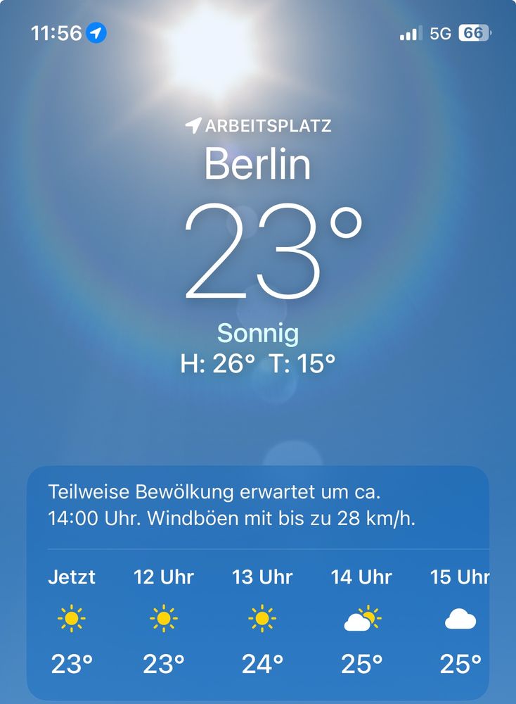 Screenshot einer Wetter App auf der 23 grad Celsius angezeigt werden und Sonne. 