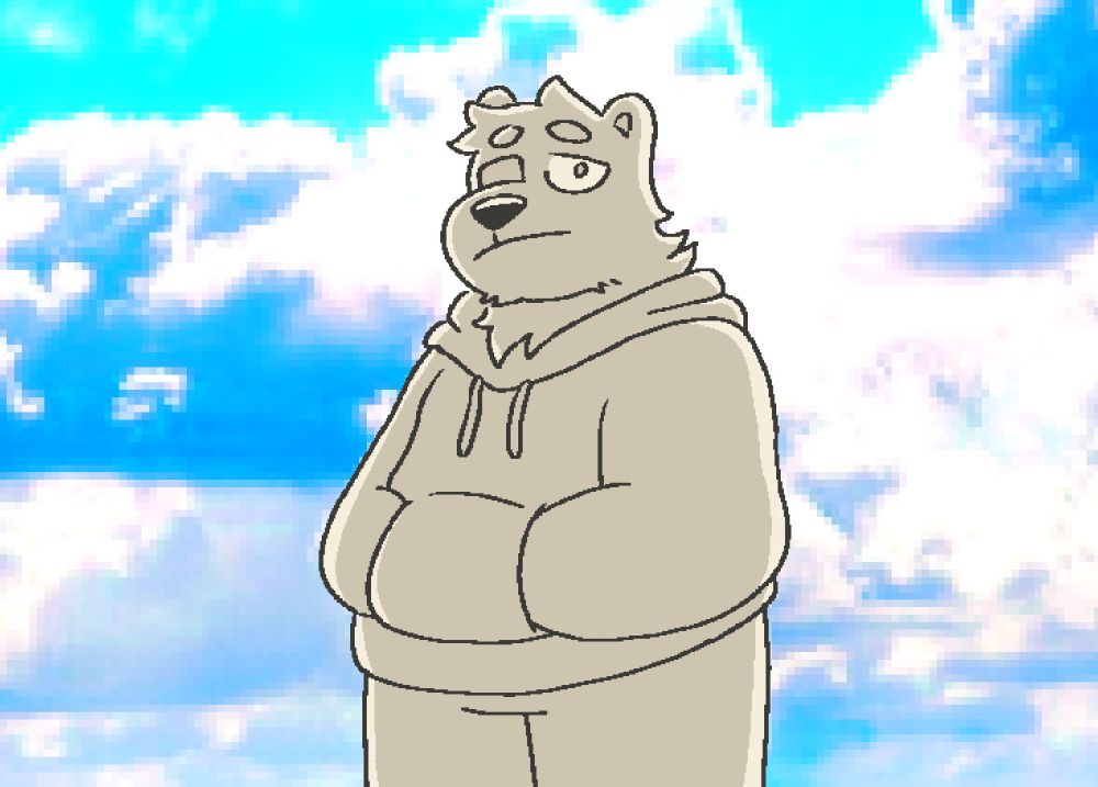 Doodle of my bear fursona in monochrome being backlit by a bright blue cloudy sky