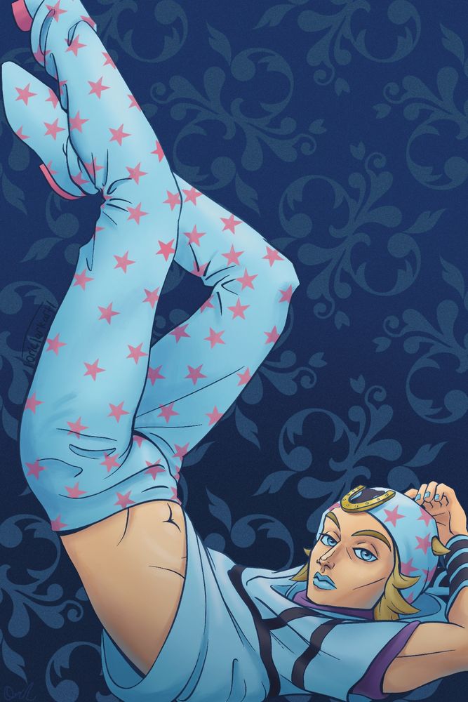 Digital drawing of Johnny Joestar, posed lying in his back with his legs in the air, in reference to an anime figure posed similarly 