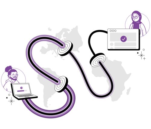 Purple and black squiggly line with  a person at either end, one with an open laptop and the other with a tick box.