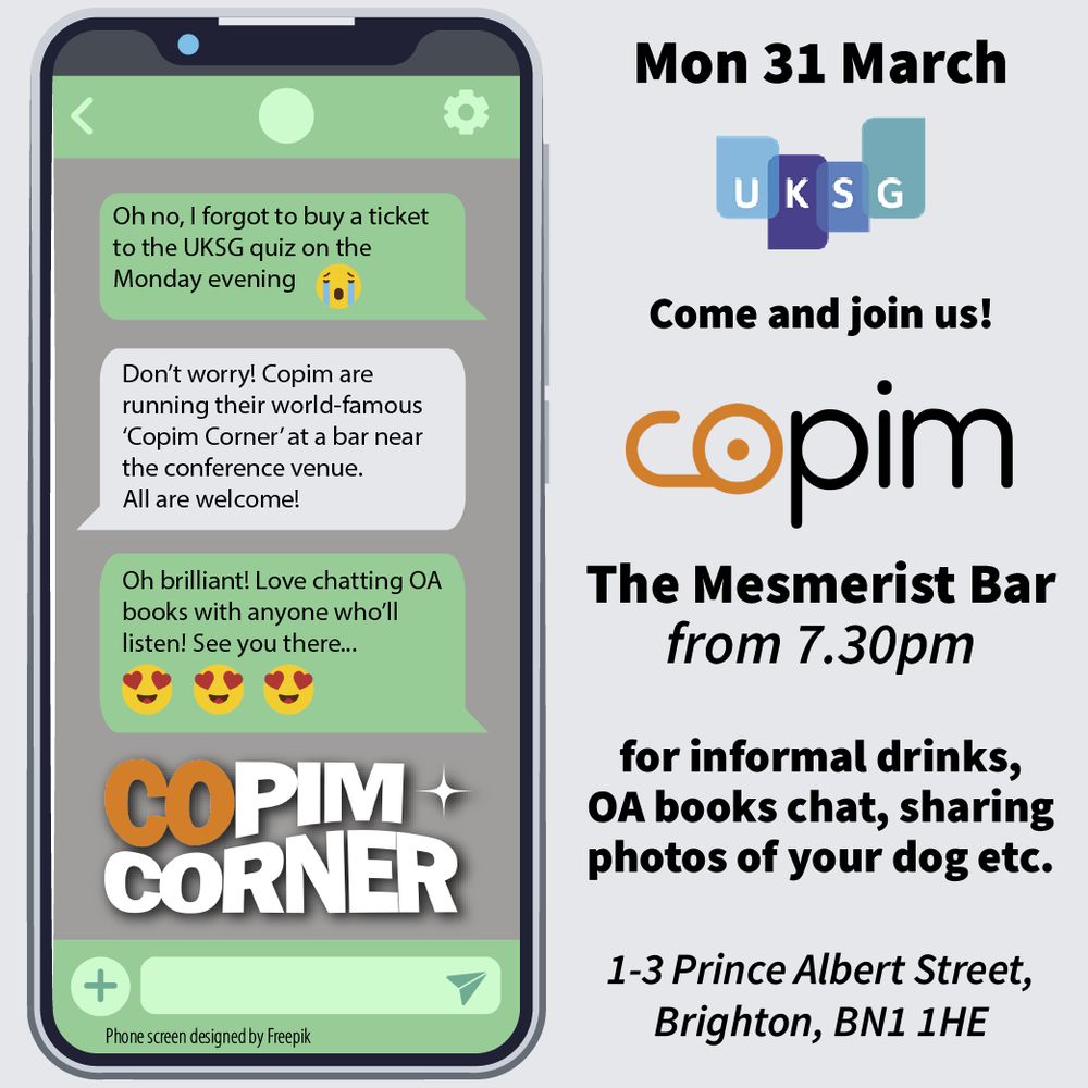 An image of a Whatsapp conversation between two people talking about going to Copim Corner, alongside text that reads 'Monday 31 March! Come and join us at the Mesmerist bar from 7.30pm for informal drinks, OA books chat, sharing photos of your dog etc. 1-3 Prince Albert Street, Brighton, BN1 1HE'