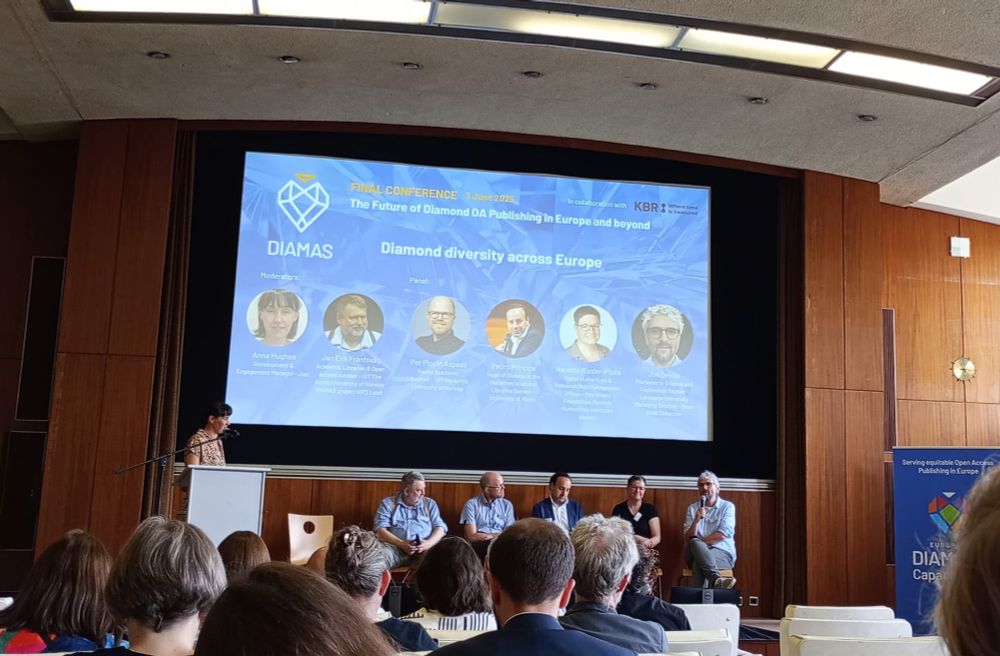 Slide introducing the speakers for the panel at the DIAMAS conference: diamond diversity across Europe. There are thumbnail pictures of the moderators and the speakers who are sitting beneath the screen which is hung on a wood panelled wall. The first few rows of conference delegates are visible.