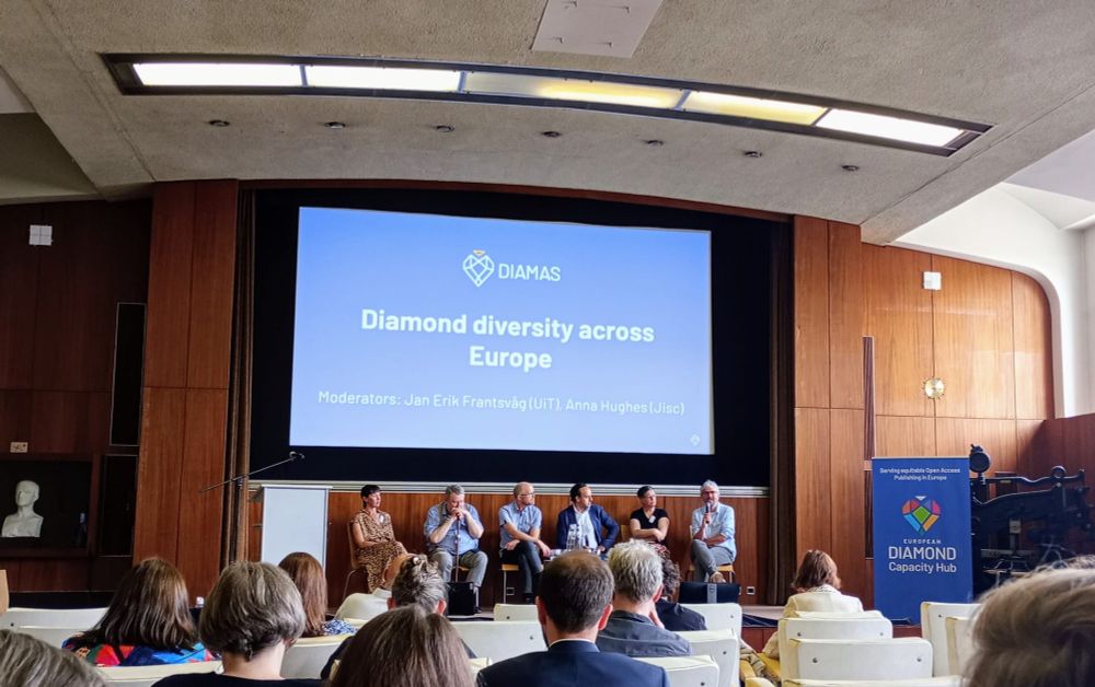 Slide with the diamas logo and diamond diversity across europe in white against a blue background. The moderators and speakers are sitting beneath the screen which is hung on a wood panelled wall. The first few rows of conference delegates are visible.