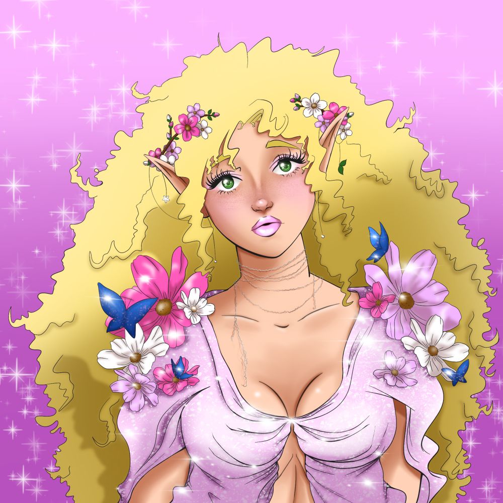 Portrait of a Blonde elven woman with flowers on her shoulders and in her hair. Sparkly pink flowy dress with blue butterflies on her flowers. Bright green eyes.
