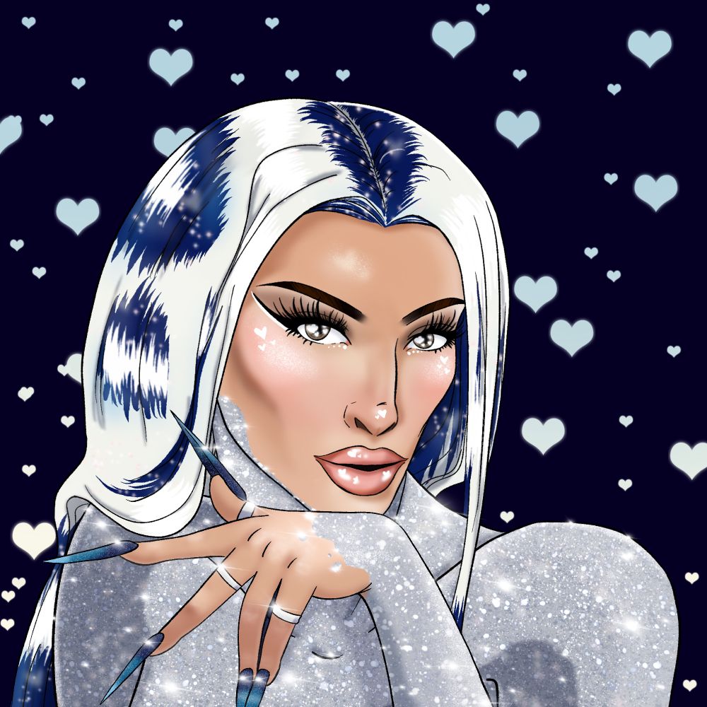 Portrait of Queen Lexi Love from rupauls drag race season 17. She is in her promo look with the blonde and blue straight long wig and painted neck down in silver glitter. Her hand is resting by her chin showing long multiple glittery nails.