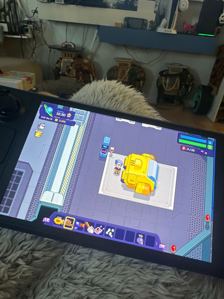 The steam deck with the game “little known galaxy” playing on it. 