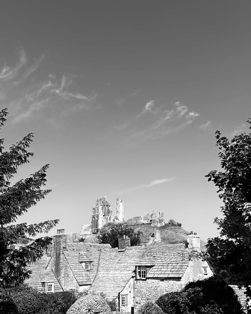 Corfe Castle perched on the hill with cottages in the foreground and trees framing the shot left and right